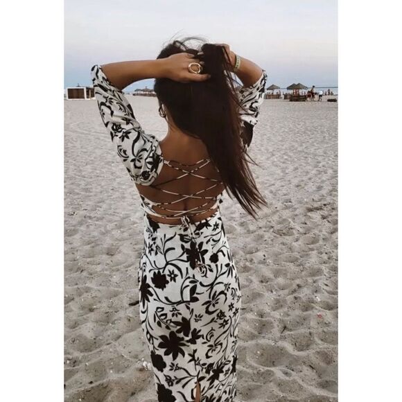 NWT Zara Blogger’s Favorite Linen Floral Gathered Short Puff Sleeves Midi Dress - Picture 8 of 16